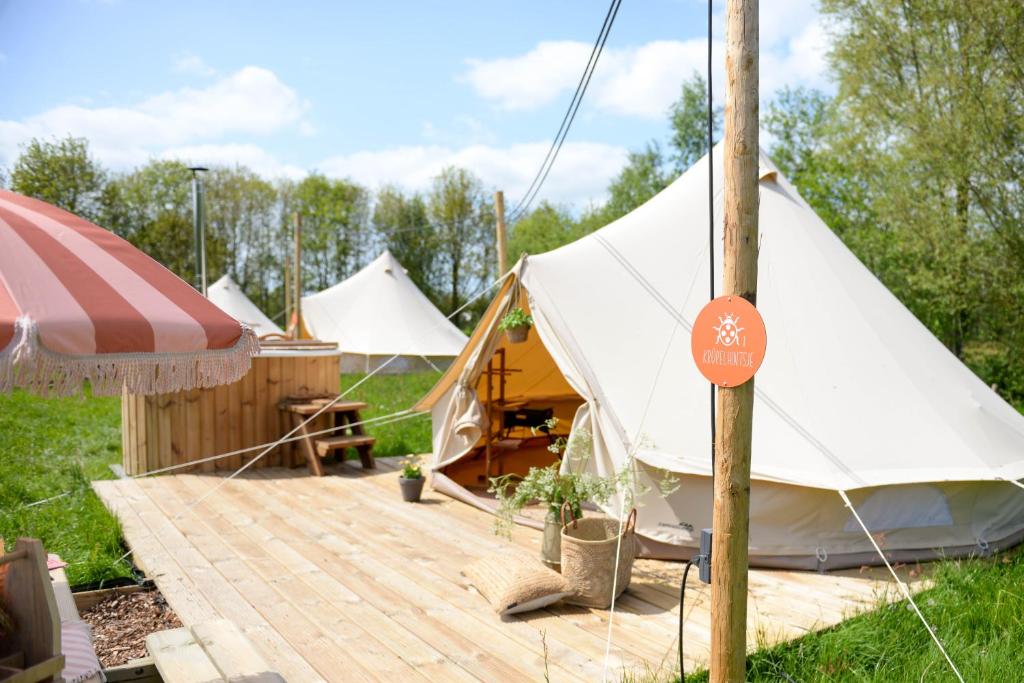 yurta con terrazza in legno in un campo di Minicamping de dobbe 