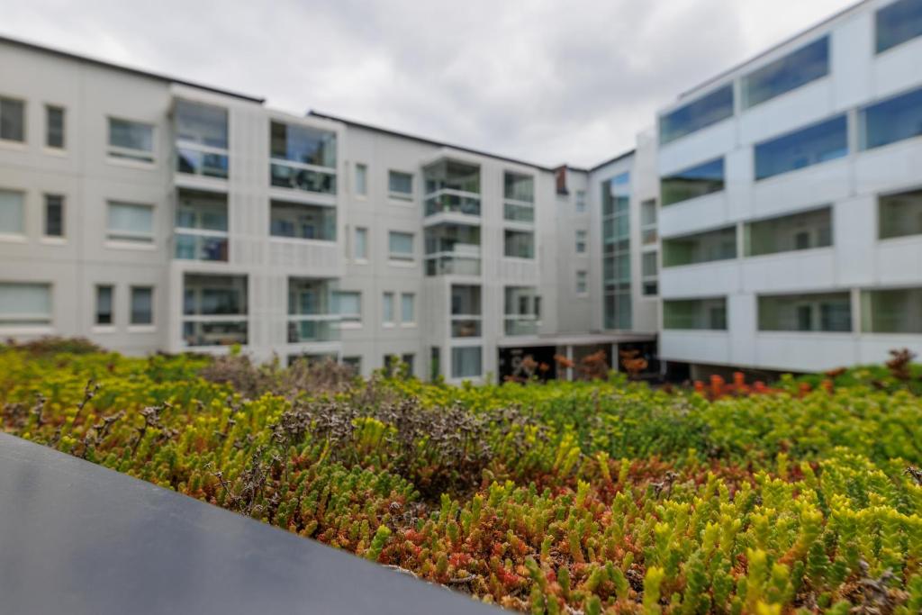 an apartment building with a garden in front of it at Close to center and Näsijärvi Lake - free parking, AC, and two double beds in Tampere