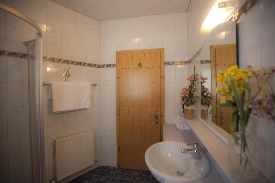 un bagno con lavandino, water e specchio di Landhaus Tuxerschafer a Tux