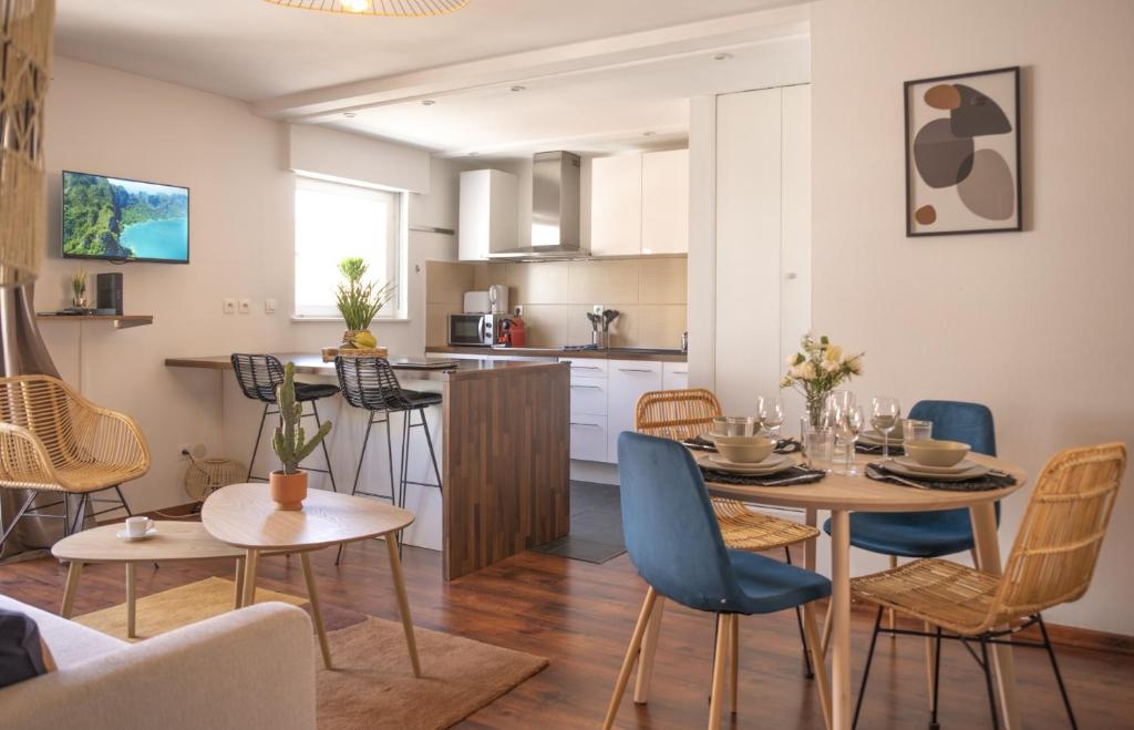 Il comprend un salon et une cuisine avec une table et des chaises. dans l'établissement L'îlot - Tout confort, à Strasbourg