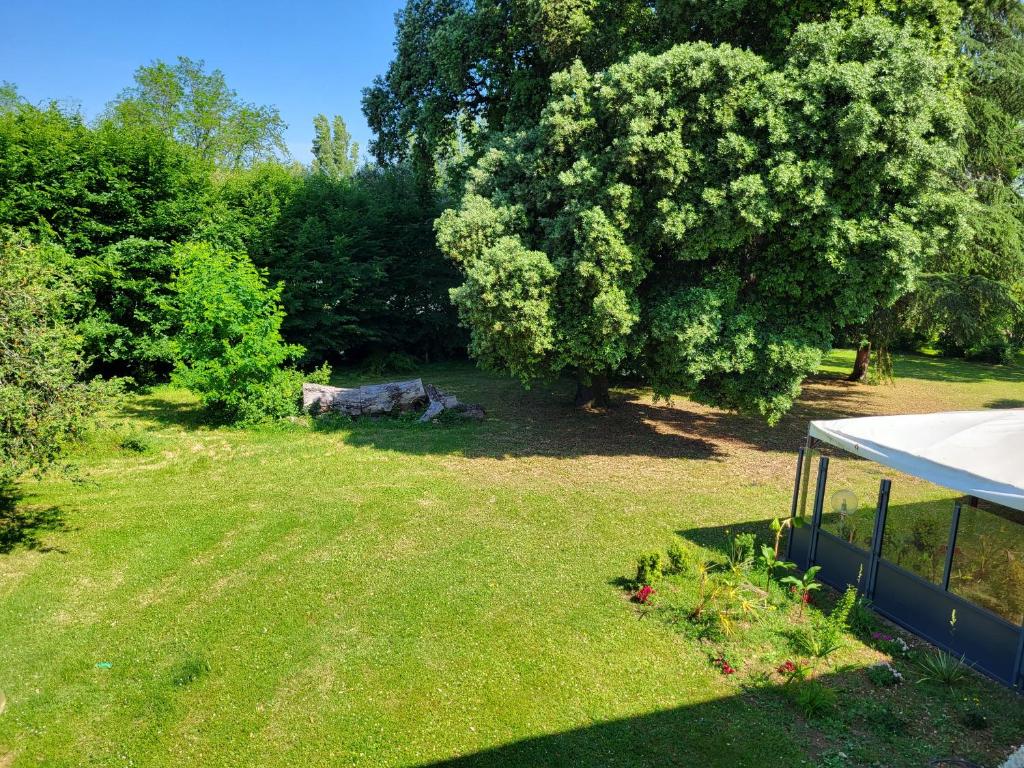 an overhead view of a yard with a tent and a tree at Hôtel La Flambée in Bergerac