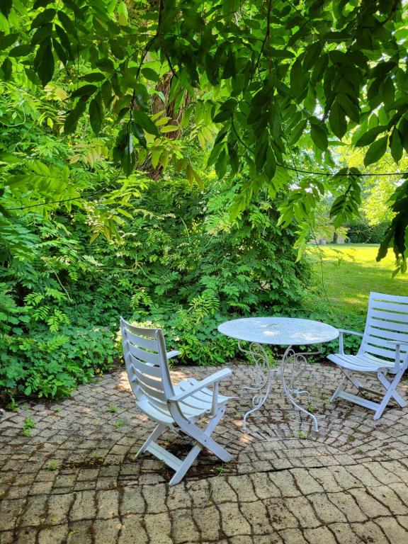 two chairs and a table under a tree at Hôtel La Flambée in Bergerac