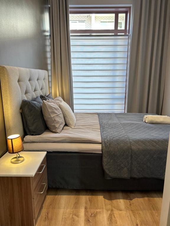 1 dormitorio con 1 cama grande y ventana en Jon´s 2 Apartments, en Pärnu