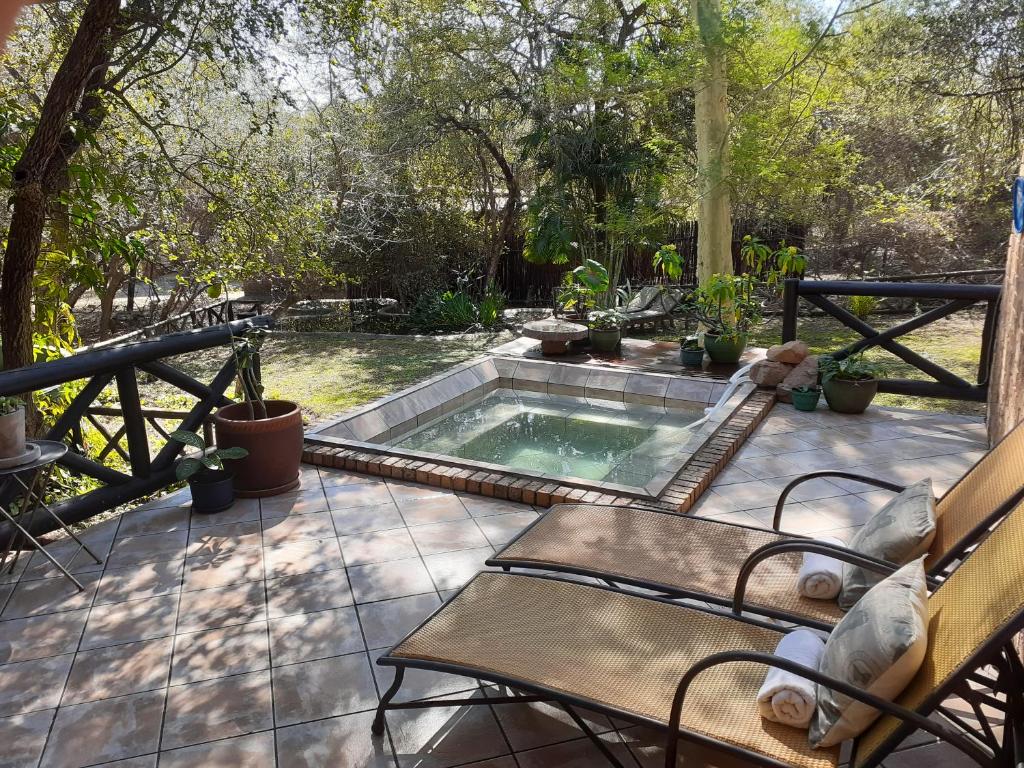 a swimming pool on a patio with chairs and trees at HomeBase Kruger in Marloth Park