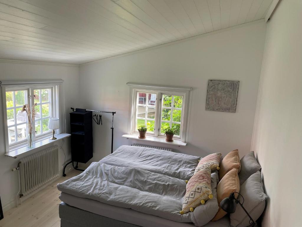 1 dormitorio con 1 cama y 2 ventanas en Charmigt boende med perfekt läge i Gamla Stan en Falkenberg