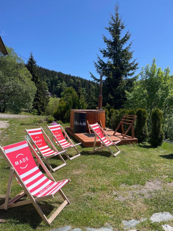 een groep ligstoelen in het gras bij Horský Hotel Idol in Horni Misecky