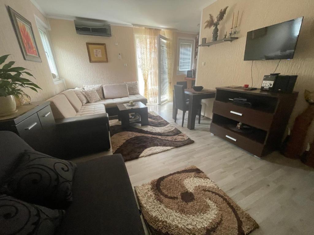 salon z kanapą i stołem w obiekcie Studio Apartment for rent in Budva w Budvie