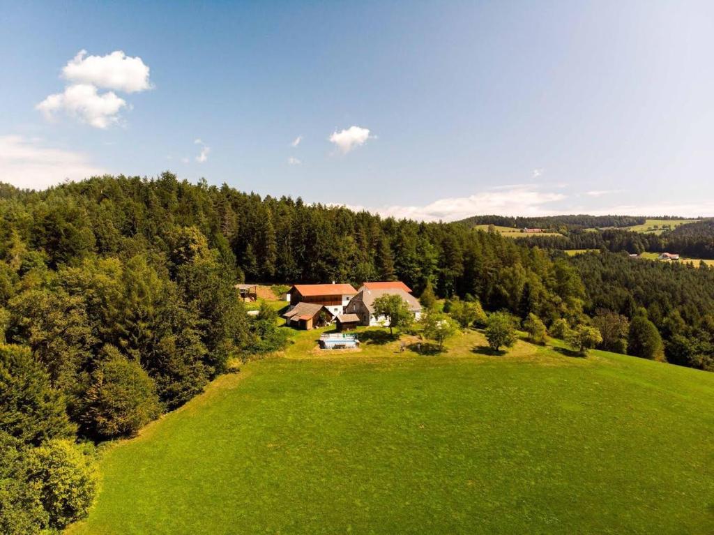 an aerial view of a house in a green field at Ferienhaus Karl in Bleiburg