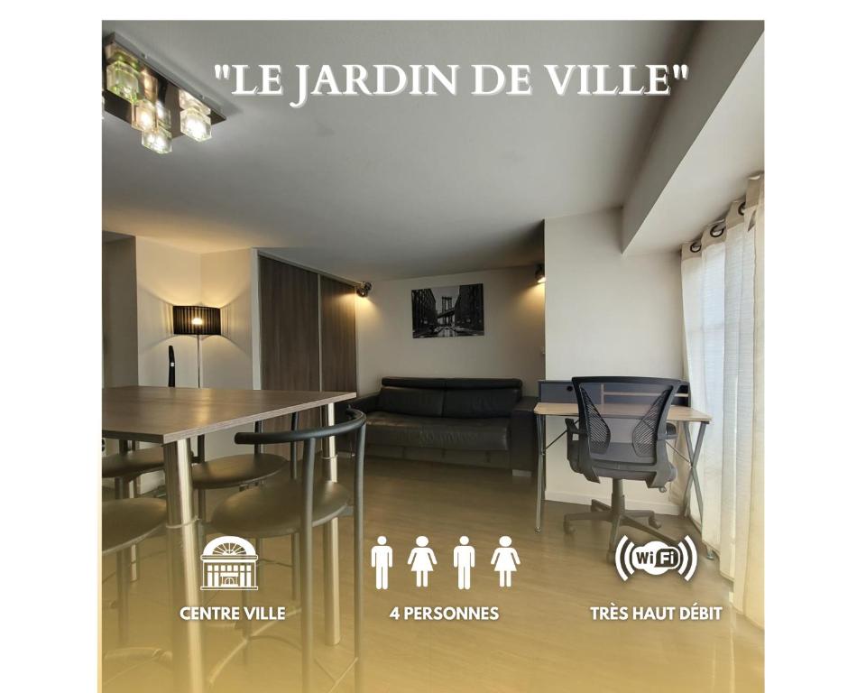 ein Wohnzimmer mit einem Tisch und einem Sofa in der Unterkunft Le jardin de ville in Grenoble