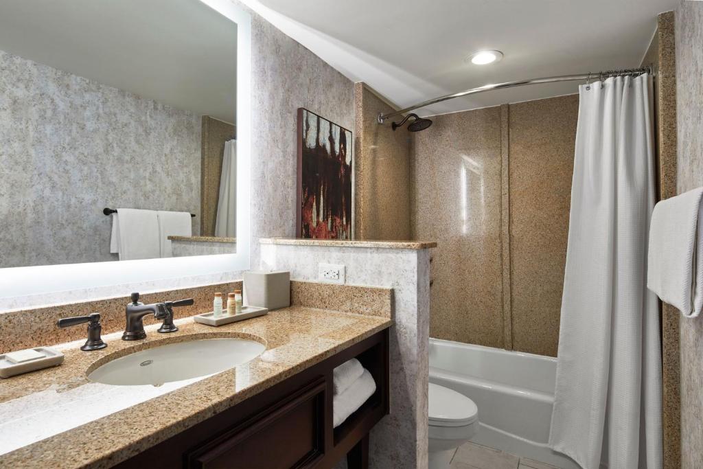 a bathroom with a sink and a toilet and a tub at Renaissance Mobile Riverview Plaza Hotel in Mobile