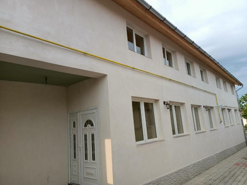 a white building with a door and windows at Casa Edental in Orăştie
