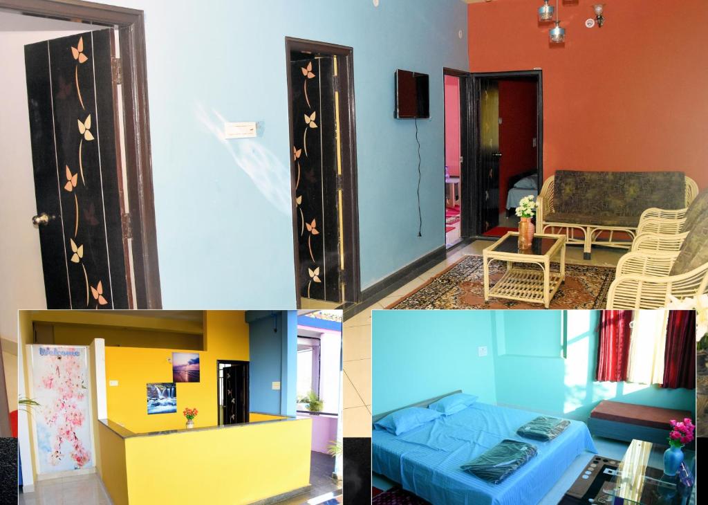 a collage of four pictures of a room at H P HomeStay in Dhārwād