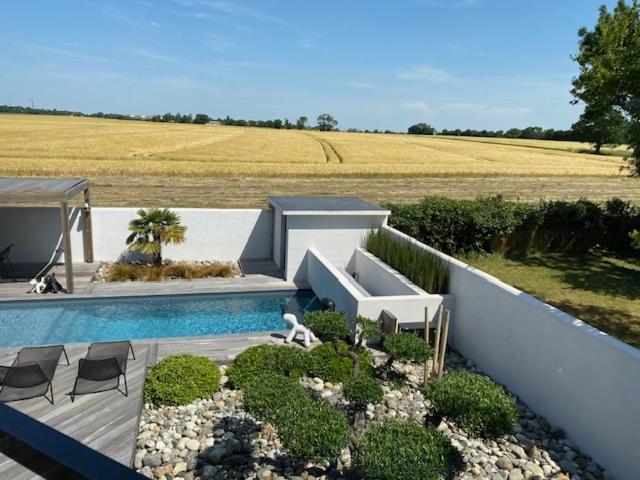 - un jardin avec une piscine, des chaises et un terrain dans l'établissement Villa contemporaine La Rochelle, à La Genilliere
