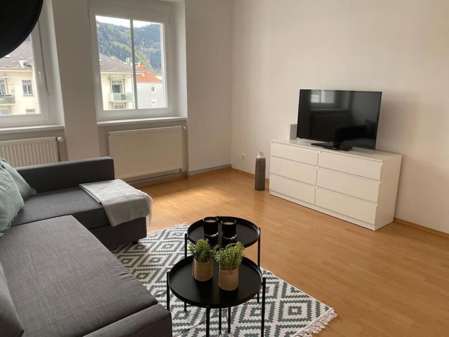 a living room with a couch and a tv at Ruheoase zum Wohlfühlen in Leoben
