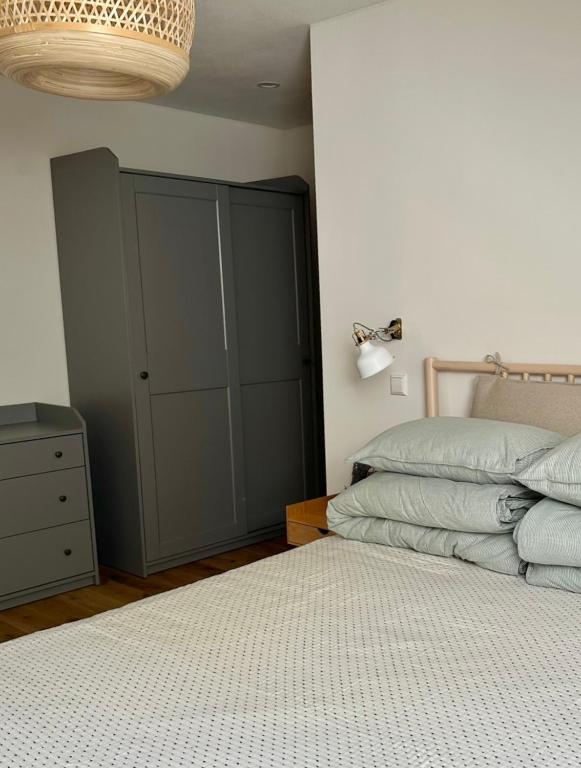 a bedroom with a bed and a closet with pillows at Rugio namai-Rye house in Palanga