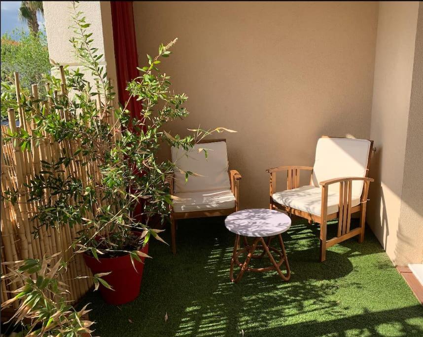 une chambre avec deux chaises et des plantes en pot dans l'établissement Grand studio avec coin nuit, proche mer et montagnes, à Roquebrune-sur Argens