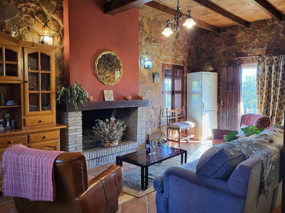 a living room with a couch and a fireplace at La Buganvilla, descanso entre olivares in Hornachuelos