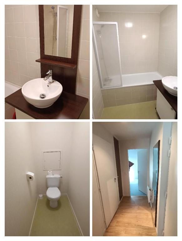 quatro fotografias de uma casa de banho com um lavatório e um WC em Appartement Le Montagnard em Les Déserts