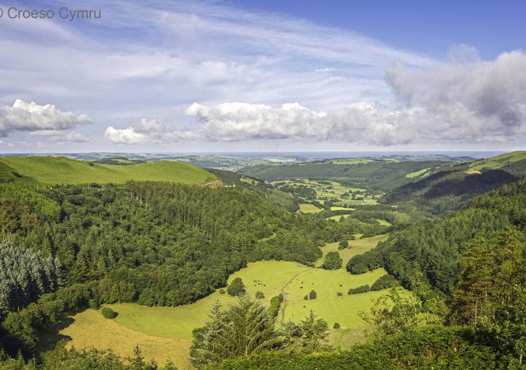 a view of a valley with green hills and trees at Blaenilar in Aberystwyth