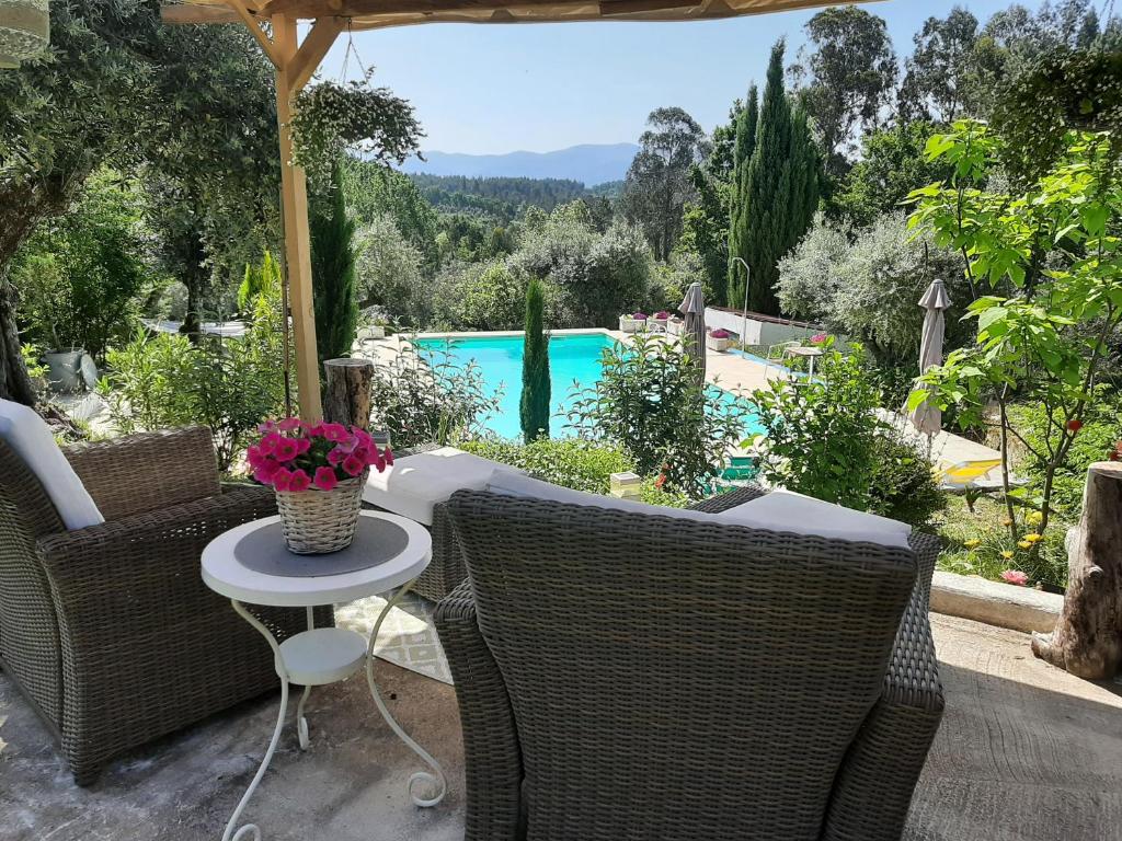 a patio with a table and chairs and a pool at Porturama in Mouronho