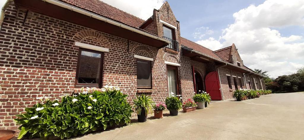 a brick building with potted plants in front of it at Varlet Farm in Poelkapelle