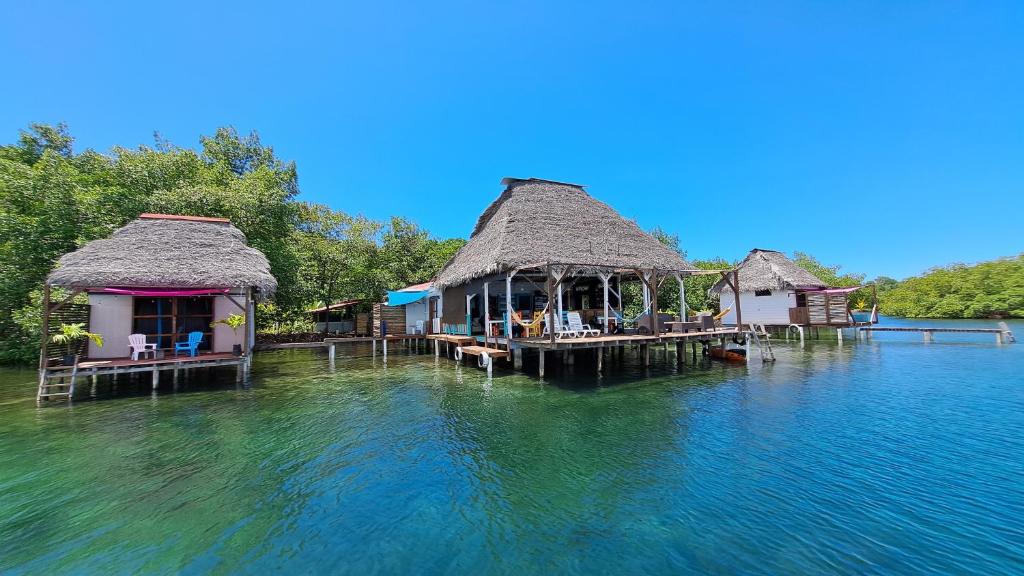 a group of huts on the water in the water at El Clandestino in Bocas del Toro