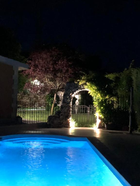 a blue swimming pool in a yard at night at Paleolítico rural in Salgüero de Juarros