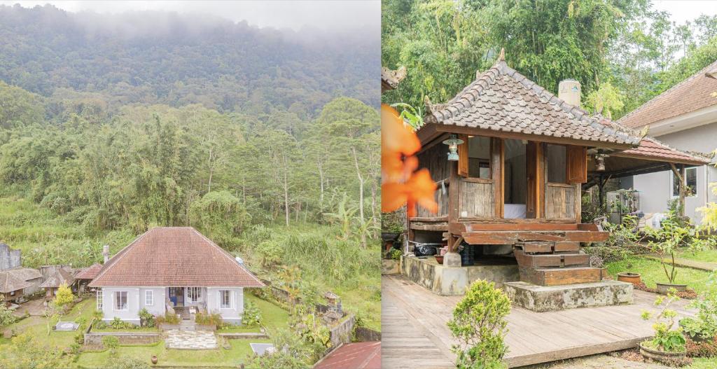 two pictures of a house and a house on fire at Four Monkeys House in Bedugul