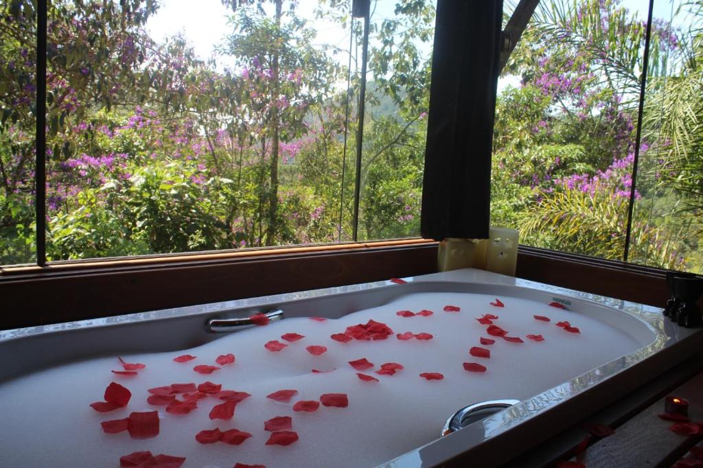 bañera llena de rosas rojas frente a una ventana en Chalé Refúgio do Pavão en Visconde De Maua