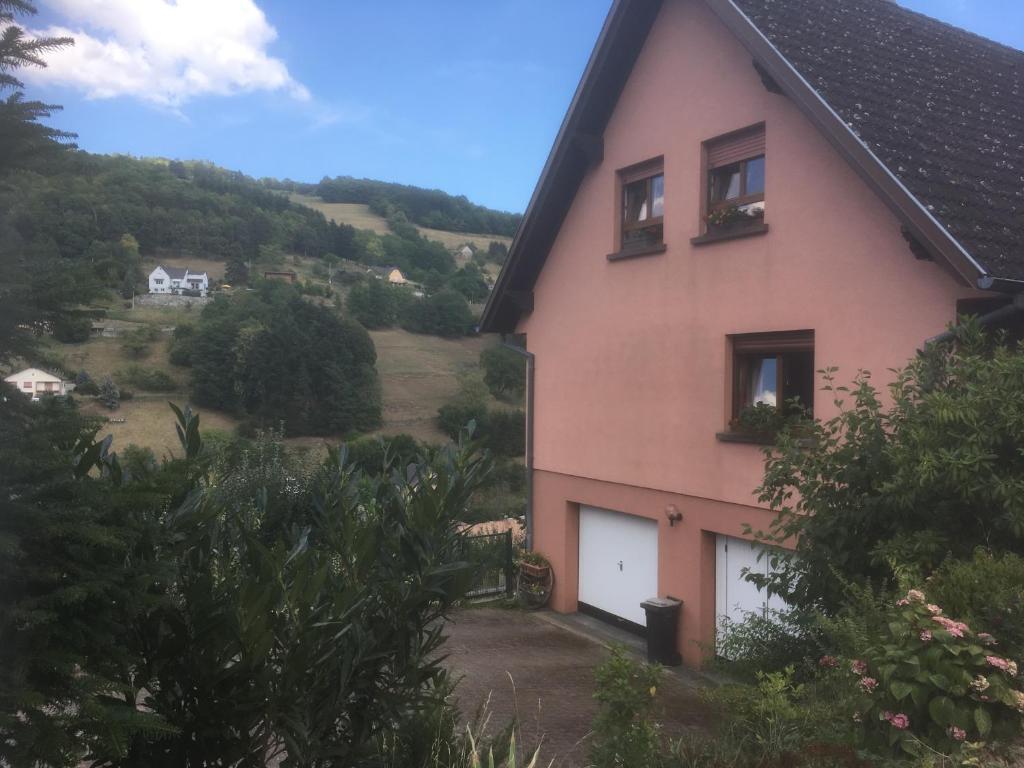 a pink house with a hill in the background at entre vignes et montagnes chambres in Fréland