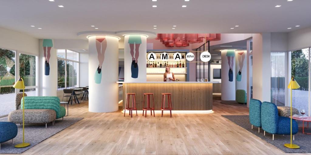 a rendering of a salon with chairs and a bar at L'Alba Hotel in Marina di Pietrasanta