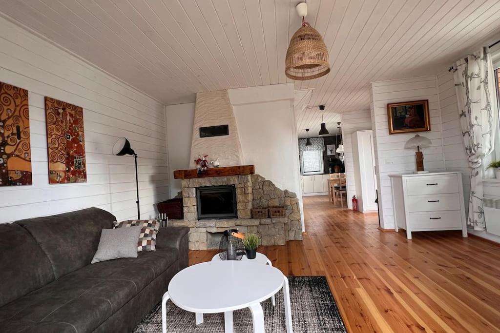 ein Wohnzimmer mit Couch und Kamin in der Unterkunft Roztocze, Podlesina; Dom z dużym ogrodem i sauną na szlaku rowerowym in Podlesina