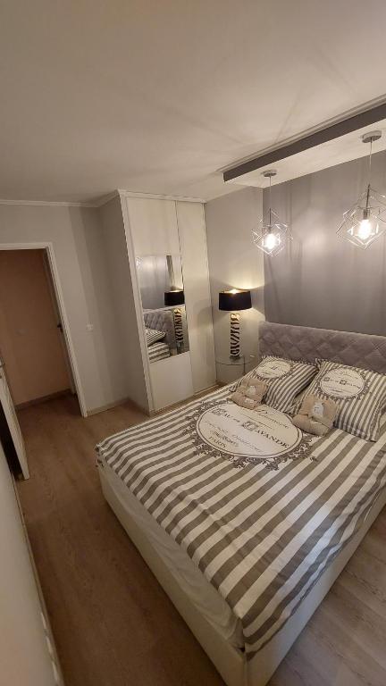 ニースにあるapartment-avenue des Fleurs - NICE 06000のベッドルーム1室(大型ベッド1台、ストライプ毛布付)