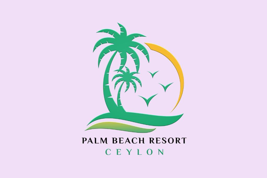 ein Logo für ein Strandresort mit Palmen und Sonnenuntergang in der Unterkunft Palm Beach Resort Ceylon in Jaffna