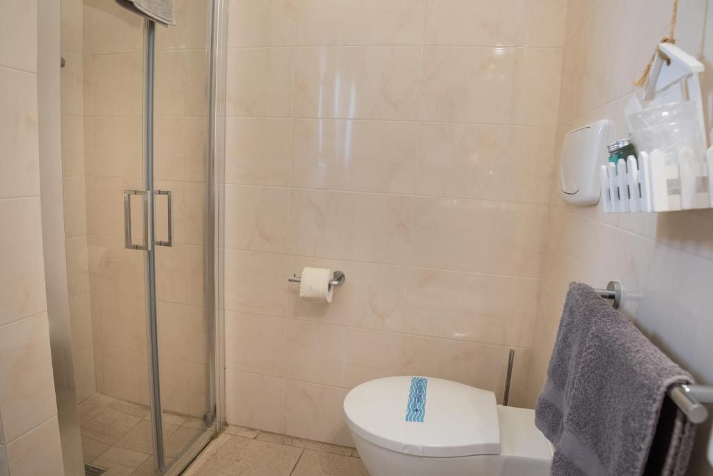 a bathroom with a toilet and a glass shower at Antica Masseria Ficazzana - Tenuta in Marina di Pescoluse