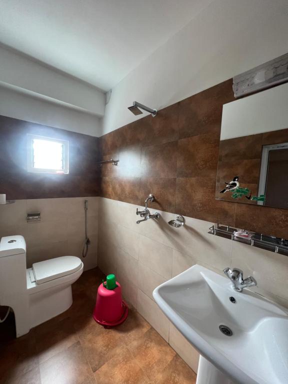 un bagno con lavandino, water e specchio di Hotel Yatri a Pokhara