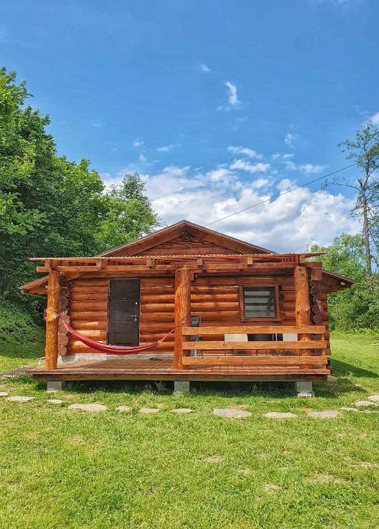 a log cabin sitting on top of a lush green field at Відпочинок у Закарпатті in Kushnytsya