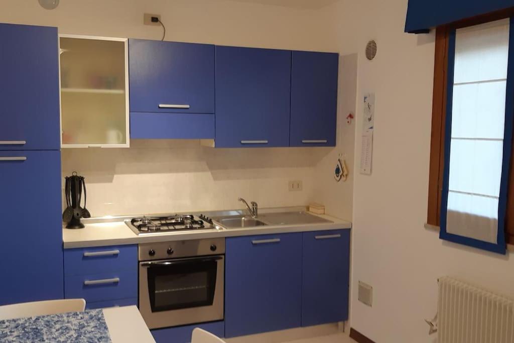 uma cozinha com armários azuis e um lavatório em Confortevole Appartamento ad Aviano em Aviano