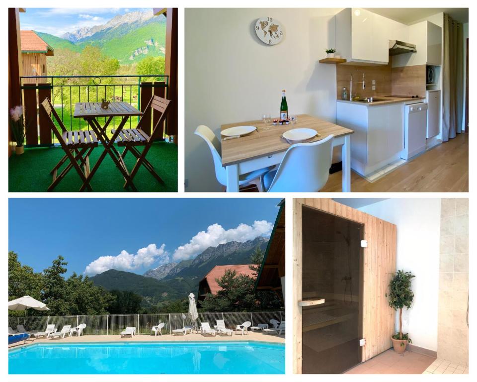 a collage of photos with a kitchen and a house at LE NID DU BIRDIE, Giez, Proche du lac d’Annecy in Giez