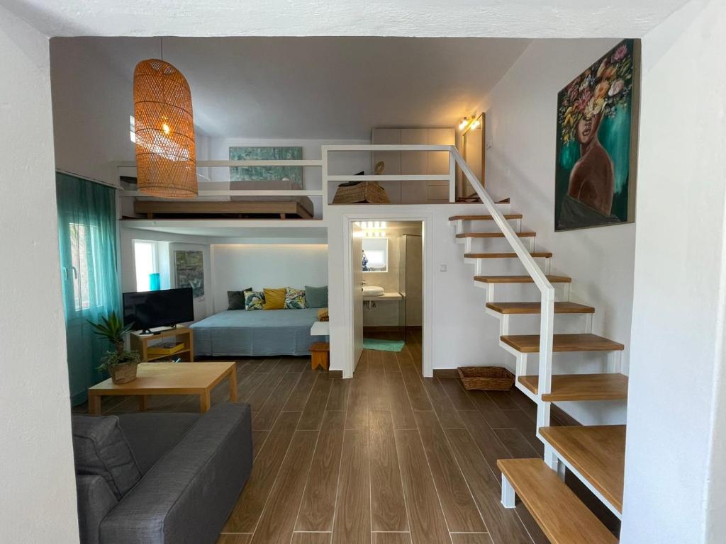 帕塔莫納斯的住宿－Cosy loft，带高架床的房间和客厅