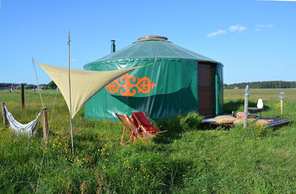 Łebki的住宿－Dzika Jurta na Łebkach，草场上的绿色帐篷,带椅子
