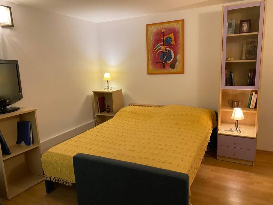 a bedroom with a bed and a flat screen tv at Cozy & quiet studio apartment with a garden in Split