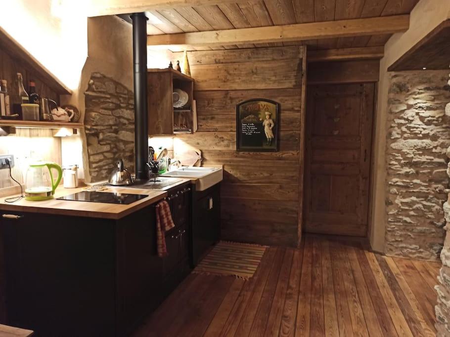 a kitchen with wooden walls and a wooden floor at Casa La Talpa Dispettosa in Cesani