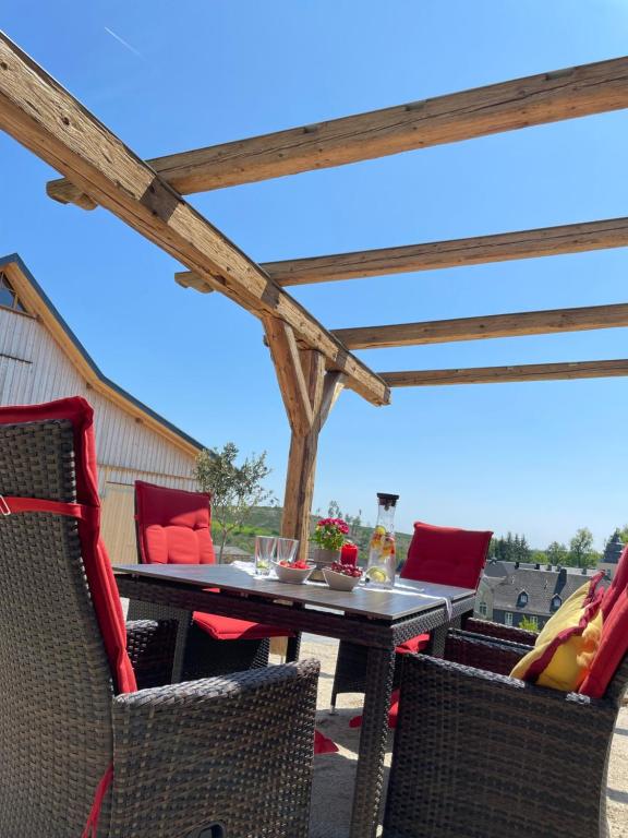 a table and chairs on a patio with a roof at Chalet-Ferienwohnung Sonnenidyll, 51 qm, Wellness/Fitness/Sauna – Bergrödelhof in Feilitzsch