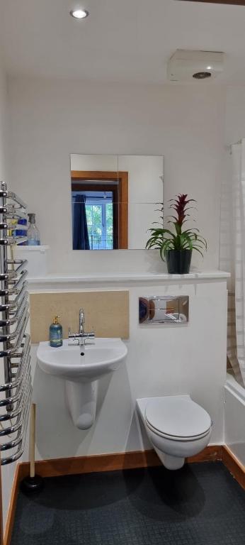 a white bathroom with a toilet and a sink at Chi's Lodge in Purfleet