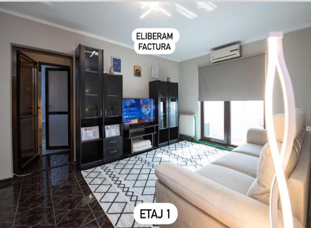 a living room with a couch and a tv at Apartament S46 in Roman