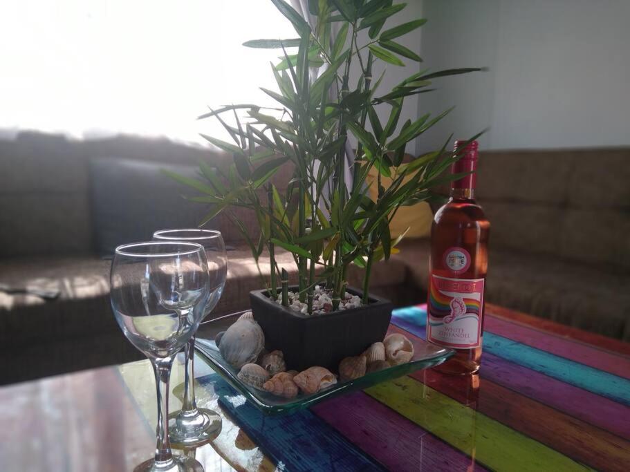 a table with two wine glasses and a potted plant at Coghurst Hall themed static caravan in Westfield