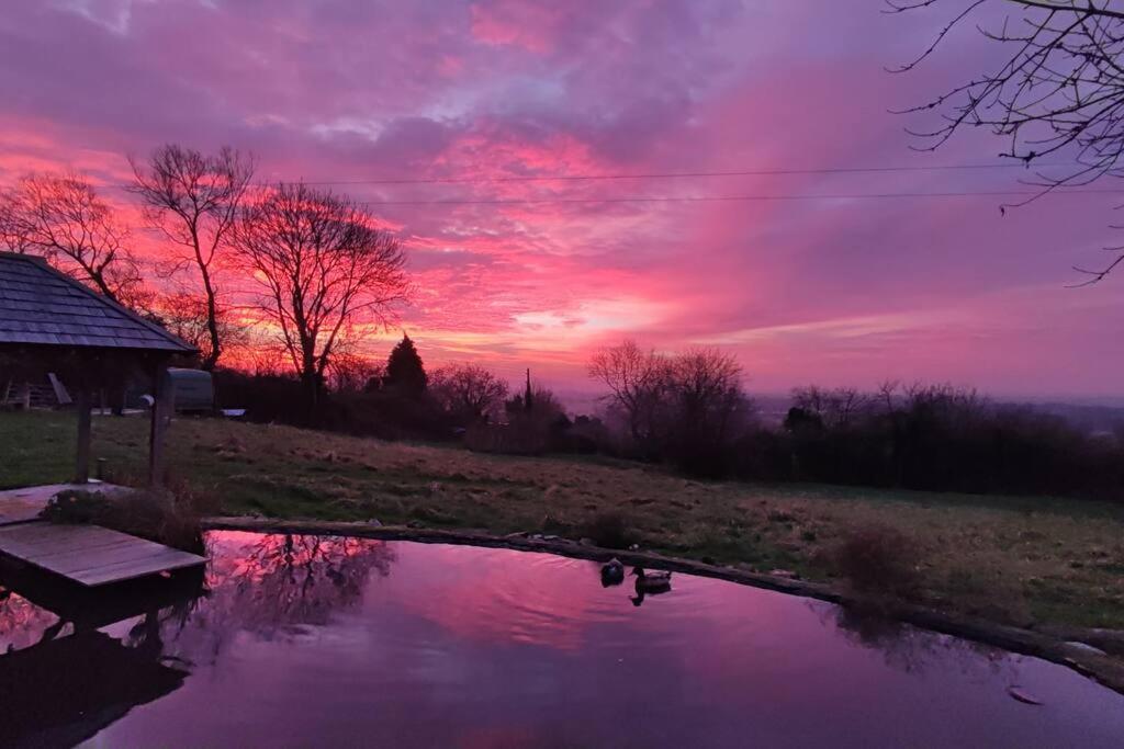 a sunset over a pond with a reflection in the water at Hide on the Hill Cottage in Wells