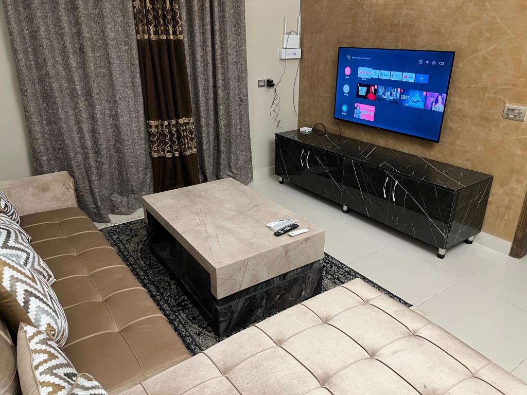 イスラマバードにあるAQZ Apartmentsのリビングルーム(ソファ、薄型テレビ付)