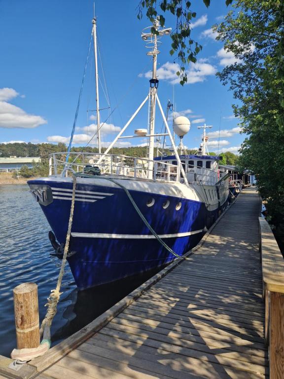 a blue boat is docked at a dock at Ship Windö in Södertälje